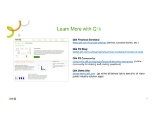 3232
Learn More with Qlik
Qlik Financial Services:
www.qlik.com/financial-services (demos, success stories, etc.)
Qlik FS Blog:
global.qlik.com/us/blog/topics/business-functions/financial-services
Qlik FS Community:
community.qlik.com/groups/financial-services-user-group (online
community for sharing and posting questions)
Qlik Demo Site:
sense-demo.qlik.com (go to the ‘all demos’ tab to see a list of many
public industry solution apps)
 