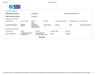 9/24/2018 State Bank of India
https://retail.onlinesbi.com/retail/paymentenquirytxndetails.htm?merchantCode=IBRTGS&referenceNo=IRH5394380&viewType=PRINT&debitAccountType=Savings%20Account&comAmount=0.0&trans… 1/1
Inter Bank Transfer
INB Reference Number IRH5394380 24-Sep-2018 [02:36 PM IST]
Debit Transaction Status Processed
Debit Account Details
Account No. Account Type Branch Amount Commission Amount Transaction Type UTR Number
00000030308225887
Savings
Account
BRPL
COMPLEX,
DHALIGAON,
BONGAIGAON
INR30,200.00 INR0.00 NEFT SBIN718267754379
Credit Account Details
Account No. Bank Branch Transfer Type Amount
03711011000169
ORIENTAL BANK OF
COMMERCE
NEW FRIENDS
COLONY-NEW DELHI
NEFT 30,200.00
Print Close
 