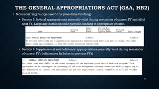 THE GENERAL APPROPRIATIONS ACT (GAA, HB2)
• Nonrecurring budget sections (one-time funding)
• Section 5: Special appropriations generally valid during remainder of current FY and all of
next FY. Language details specific purpose, funding in appropriate column.
• Section 6: Supplemental and deficiency appropriations generally valid during remainder
of current FY (deficiencies fix holes in previous FYs)
13
 