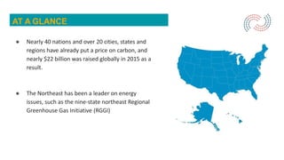 AT A GLANCE
● Nearly 40 nations and over 20 cities, states and
regions have already put a price on carbon, and
nearly $22 ...