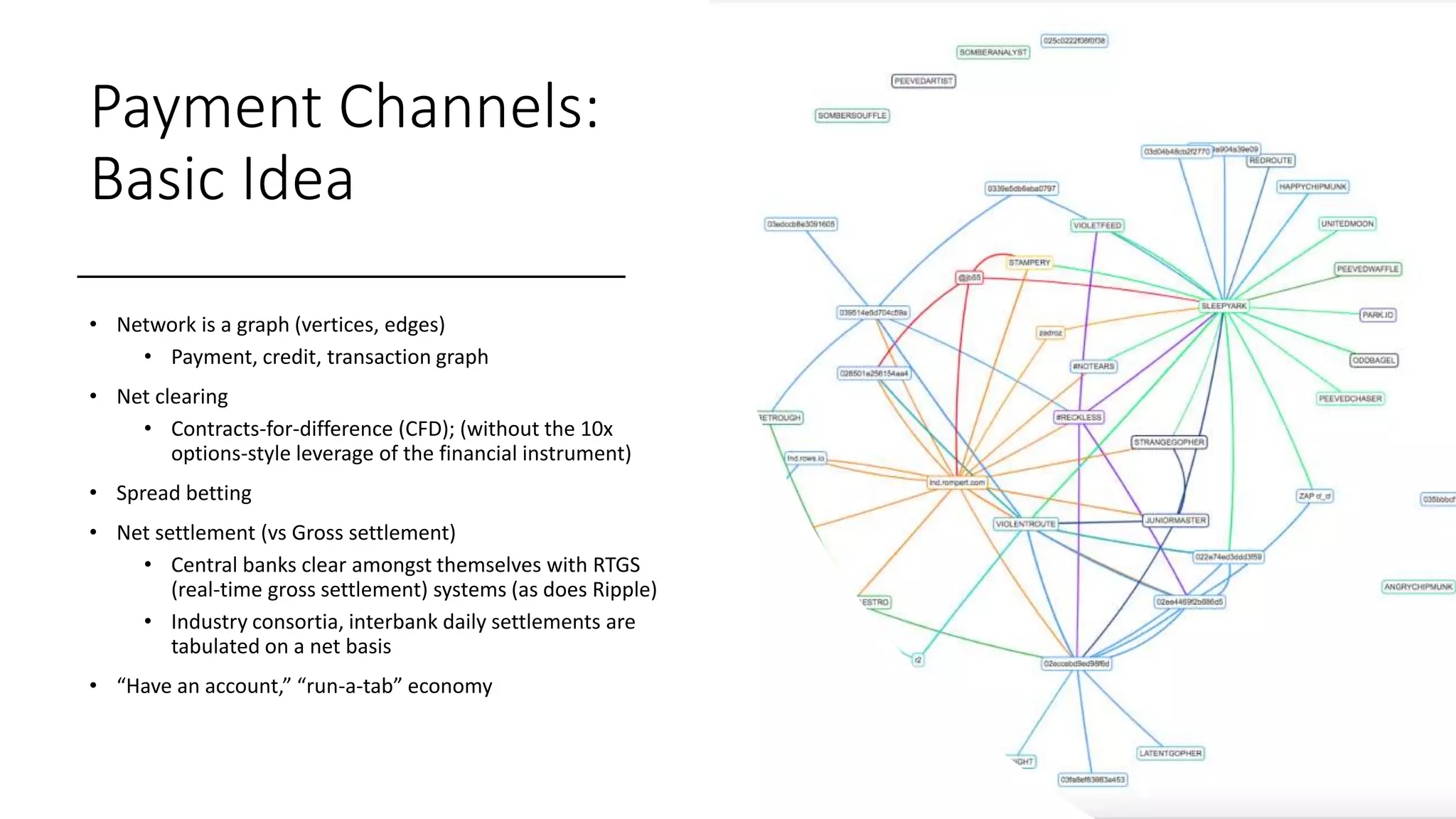 Payment Channels:
Basic Idea
• Network is a graph (vertices, edges)
• Payment, credit, transaction graph
• Net clearing
• Contracts-for-difference (CFD); (without the 10x
options-style leverage of the financial instrument)
• Spread betting
• Net settlement (vs Gross settlement)
• Central banks clear amongst themselves with RTGS
(real-time gross settlement) systems (as does Ripple)
• Industry consortia, interbank daily settlements are
tabulated on a net basis
• “Have an account,” “run-a-tab” economy
 