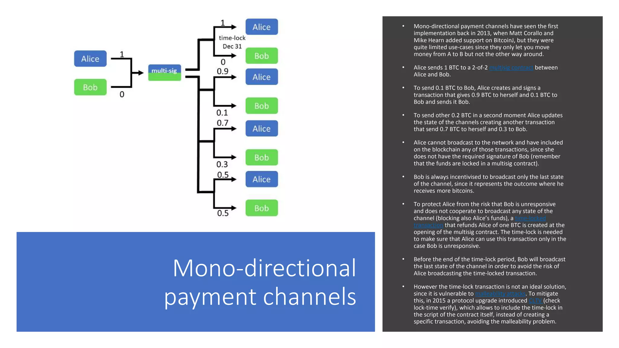 Mono-directional
payment channels
• Mono-directional payment channels have seen the first
implementation back in 2013, when Matt Corallo and
Mike Hearn added support on BitcoinJ, but they were
quite limited use-cases since they only let you move
money from A to B but not the other way around.
• Alice sends 1 BTC to a 2-of-2 multisig contract between
Alice and Bob.
• To send 0.1 BTC to Bob, Alice creates and signs a
transaction that gives 0.9 BTC to herself and 0.1 BTC to
Bob and sends it Bob.
• To send other 0.2 BTC in a second moment Alice updates
the state of the channels creating another transaction
that send 0.7 BTC to herself and 0.3 to Bob.
• Alice cannot broadcast to the network and have included
on the blockchain any of those transactions, since she
does not have the required signature of Bob (remember
that the funds are locked in a multisig contract).
• Bob is always incentivised to broadcast only the last state
of the channel, since it represents the outcome where he
receives more bitcoins.
• To protect Alice from the risk that Bob is unresponsive
and does not cooperate to broadcast any state of the
channel (blocking also Alice’s funds), a time-locked
transaction that refunds Alice of one BTC is created at the
opening of the multisig contract. The time-lock is needed
to make sure that Alice can use this transaction only in the
case Bob is unresponsive.
• Before the end of the time-lock period, Bob will broadcast
the last state of the channel in order to avoid the risk of
Alice broadcasting the time-locked transaction.
• However the time-lock transaction is not an ideal solution,
since it is vulnerable to malleability attacks. To mitigate
this, in 2015 a protocol upgrade introduced CLTV (check
lock-time verify), which allows to include the time-lock in
the script of the contract itself, instead of creating a
specific transaction, avoiding the malleability problem.
 