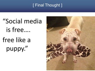 [ Final Thought ]

“Social media
is free….
free like a
puppy.”
#SMWES // @cariegrls

 