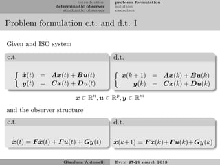introduction    problem formulation
                deterministic observer   solution
                   stochastic observer   exercises


Problem formulation c.t. and d.t. I

Given and ISO system

c.t.                                     d.t.

       ˙
       x(t) = Ax(t) + Bu(t)                 x(k + 1) = Ax(k) + Bu(k)
       y(t) = Cx(t) + Du(t)                     y(k) = Cx(k) + Du(k)

                        x ∈ Rn , u ∈ Rp , y ∈ Rm
and the observer structure
c.t.                                     d.t.

 ˙
 ˆ        ˆ
 x(t) = F x(t) + Γ u(t) + Gy(t)          ˆ          ˆ
                                         x(k+1) = F x(k)+Γ u(k)+Gy(k)

                   Gianluca Antonelli    Evry, 27-29 march 2013
 