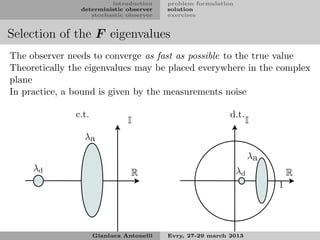 introduction      problem formulation
                deterministic observer     solution
                   stochastic observer     exercises


Selection of the F eigenvalues
The observer needs to converge as fast as possible to the true value
Theoretically the eigenvalues may be placed everywhere in the complex
plane
In practice, a bound is given by the measurements noise

               c.t.                                          d.t.
                                I                                   I
                 λa

                                                                      λa
     λd                          R                               λd            R
                                                                           1




                      Gianluca Antonelli   Evry, 27-29 march 2013
 