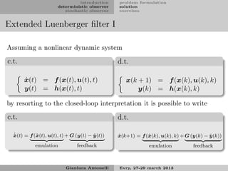 introduction     problem formulation
                       deterministic observer    solution
                          stochastic observer    exercises


Extended Luenberger ﬁlter I

Assuming a nonlinear dynamic system

c.t.                                             d.t.

       ˙
       x(t) = f (x(t), u(t), t)                     x(k + 1) = f (x(k), u(k), k)
       y(t) = h(x(t), t)                                y(k) = h(x(k), k)

by resorting to the closed-loop interpretation it is possible to write

c.t.                                             d.t.

  ˙         x                           ˆ
  x(t) = f (ˆ (t), u(t), t) + G (y(t) − y (t))
  ˆ                                              ˆ                                       ˆ
                                                 x(k+1) = f (ˆ (k), u(k), k) + G (y(k) − y (k))
                                                             x
            emulation           feedback                      emulation           feedback



                           Gianluca Antonelli    Evry, 27-29 march 2013
 