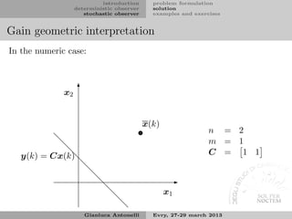 introduction      problem formulation
                   deterministic observer     solution
                      stochastic observer     examples and exercises


Gain geometric interpretation
In the numeric case:



              x2


                                            x(k)
                                                                n = 2
                                                                m = 1
   y(k) = Cx(k)                                                 C = 1 1



                                                   x1

                      Gianluca Antonelli      Evry, 27-29 march 2013
 