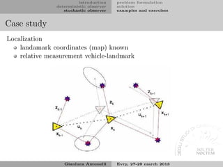 introduction    problem formulation
               deterministic observer   solution
                  stochastic observer   examples and exercises


Case study
Localization
    landamark coordinates (map) known
    relative measurement vehicle-landmark




                  Gianluca Antonelli    Evry, 27-29 march 2013
 