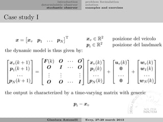 introduction    problem formulation
                deterministic observer   solution
                   stochastic observer   examples and exercises


Case study I


    x = xv p1 . . . pN
                              T          xv ∈ R2        posizione del veicolo
                                         pi ∈ R2        posizione del landmark
the dynamic model is thus given      by:
             F (k) O · · ·           
                                      O  xv (k)  uv (k)  wv (k) 
  xv (k + 1)
 p1 (k + 1)   O      I ···         O   p1 (k)   0   w1 (k) 
            = .      .
                                        
                                      .  ...  +  ...  +  ... 
     ...      .
                .      .
                        .             . 
                                      .                          
  pN (k + 1)      O     O ···         I    pN (k)      0      wN (k)

the output is characterized by a time-varying matrix with generic

                                   p i − xv


                   Gianluca Antonelli    Evry, 27-29 march 2013
 