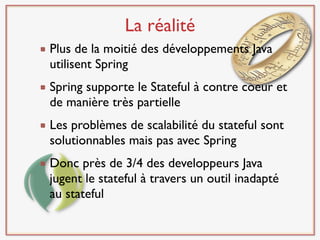 La réalité
Plus de la moitié des développements Java
utilisent Spring
Spring supporte le Stateful à contre coeur et
de manière très partielle
Les problèmes de scalabilité du stateful sont
solutionnables mais pas avec Spring
Donc près de 3/4 des developpeurs Java
jugent le stateful à travers un outil inadapté
au stateful
 