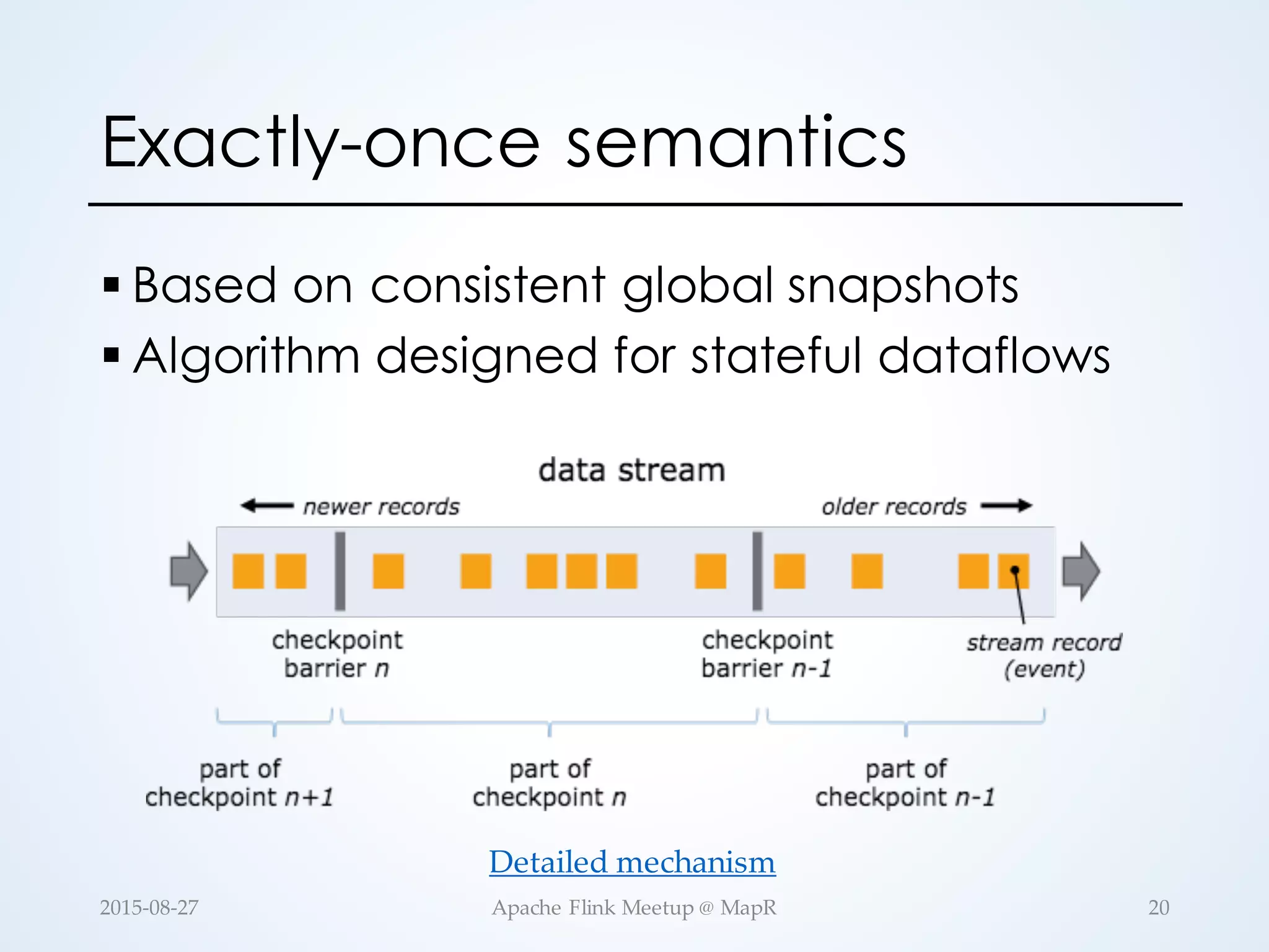 Exactly-once semantics § Based on consistent global snapshots § Algorithm designed for stateful dataflows 20Apache  Flink  Meetup  @  MapR2015-­‐‑08-­‐‑27 Detailed  mechanism 