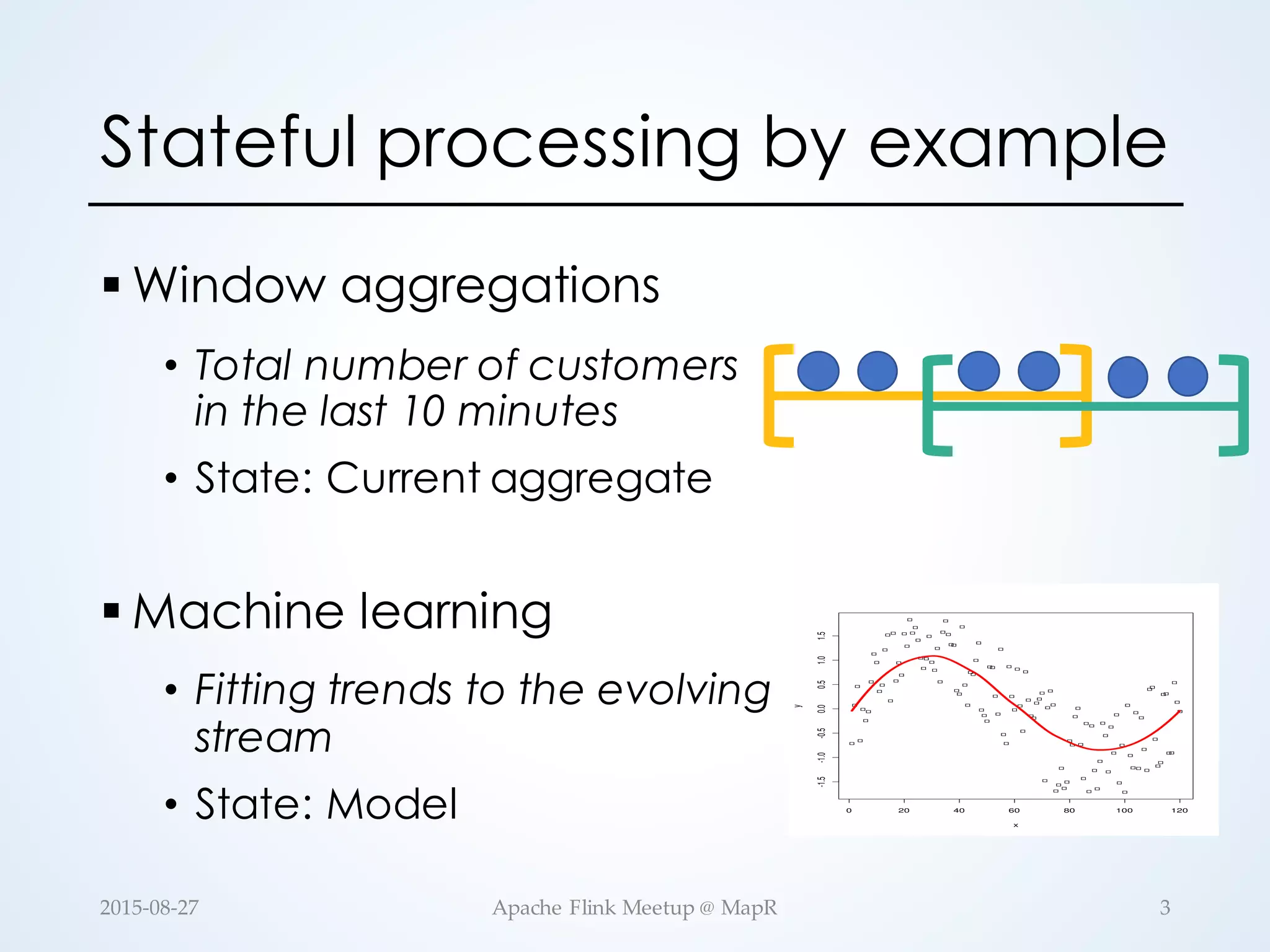 Stateful processing by example § Window aggregations • Total number of customers in the last 10 minutes • State: Current aggregate § Machine learning • Fitting trends to the evolving stream • State: Model 3Apache  Flink  Meetup  @  MapR2015-­‐‑08-­‐‑27 