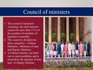 Council of ministers
1. The council of ministers
,including the chief minister
,cannot be more than 15 % of
the numbers of members of
legislative assembly.
2. The council is divided into
three categories – Cabinet
Ministers , Ministers of state
and Deputy Ministers .
3. A Cabinet minister can hold
one or more portfolios and is
assisted by the minister of state
and / or Deputy Minister .
 