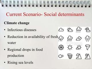 Current Scenario- Social determinants
Climate change
• Infectious diseases
• Reduction in availability of fresh
water
• Regional drops in food
production
• Rising sea levels
 