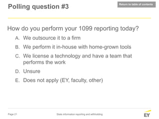 Page 21 State information reporting and withholding
Polling question #3
How do you perform your 1099 reporting today?
A. We outsource it to a firm
B. We perform it in-house with home-grown tools
C. We license a technology and have a team that
performs the work
D. Unsure
E. Does not apply (EY, faculty, other)
Return to table of contents
 