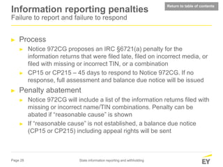 Page 28 State information reporting and withholding
Information reporting penalties
Failure to report and failure to respond
► Process
► Notice 972CG proposes an IRC §6721(a) penalty for the
information returns that were filed late, filed on incorrect media, or
filed with missing or incorrect TIN, or a combination
► CP15 or CP215 – 45 days to respond to Notice 972CG. If no
response, full assessment and balance due notice will be issued
► Penalty abatement
► Notice 972CG will include a list of the information returns filed with
missing or incorrect name/TIN combinations. Penalty can be
abated if “reasonable cause” is shown
► If “reasonable cause” is not established, a balance due notice
(CP15 or CP215) including appeal rights will be sent
Return to table of contents
 