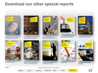 Page 37 Multistate payroll tax compliance
Download our other special reports
Federal and state Form W-
4 compliance for 2018
An employer’s guide to the
Tax Cuts and Jobs Act
US employment tax
rates and limits for 2018
Courtesy withholding Crossing US borders
Paid family leave States move forward with
public retirement plans
Guide to Unemployment
insurance in 2017
Gross-ups Transportation fringe
benefits
SurveyAgenda Sourcing News Policy ResourcesReciprocity
 