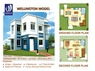 WELLINGTON MODELWELLINGTON MODEL
Features:
● Single – Detached ● 3 Bedrooms ● 2 Toilet & Bath
● Space for Parking ● Living, Dining & Kitchen Area
Floor Area : 78.30 sq.m.
Developed Area : 82.10 sq.m Lot Area : 135.00 sq.m. (Min)
GROUND FLOOR PLAN
SECOND FLOOR PLAN
 