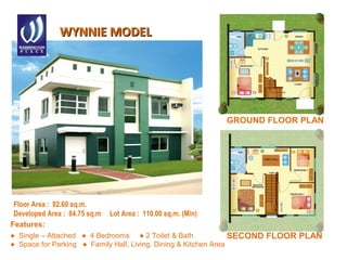 WYNNIE MODELWYNNIE MODEL
Features:
● Single – Attached ● 4 Bedrooms ● 2 Toilet & Bath
● Space for Parking ● Family Hall, Living, Dining & Kitchen Area
Floor Area : 82.60 sq.m.
Developed Area : 84.75 sq.m Lot Area : 110.00 sq.m. (Min)
GROUND FLOOR PLAN
SECOND FLOOR PLAN
 