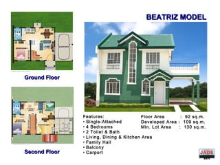 DIVIS
ION
Ground FloorGround Floor
Second FloorSecond Floor
BEATRIZ MODELBEATRIZ MODEL
Floor Area : 92 sq.m.
Developed Area : 109 sq.m.
Min. Lot Area : 130 sq.m.
Features:
• Single-Attached
• 4 Bedrooms
• 2 Toilet & Bath
• Living, Dining & Kitchen Area
• Family Hall
• Balcony
• Carport
 