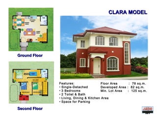 DIVIS
ION
Ground FloorGround Floor
Second FloorSecond Floor
CLARA MODELCLARA MODEL
Floor Area : 78 sq.m.
Developed Area : 82 sq.m.
Min. Lot Area : 125 sq.m.
Features:
• Single-Detached
• 3 Bedrooms
• 2 Toilet & Bath
• Living, Dining & Kitchen Area
• Space for Parking
 
