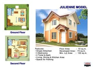 DIVIS
ION
Ground FloorGround Floor
Second FloorSecond Floor
JULIENNE MODELJULIENNE MODEL
Floor Area : 72 sq.m.
Developed Area : 73 sq.m.
Min. Lot Area : 130 sq.m.
Features:
• Single-Attached
• 3 Bedrooms
• 2 Toilet & Bath
• Living, Dining & Kitchen Area
• Space for Parking
 