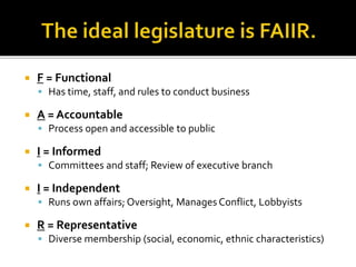  F = Functional
 Has time, staff, and rules to conduct business
 A = Accountable
 Process open and accessible to public
 I = Informed
 Committees and staff; Review of executive branch
 I = Independent
 Runs own affairs; Oversight, Manages Conflict, Lobbyists
 R = Representative
 Diverse membership (social, economic, ethnic characteristics)
 
