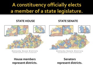 STATE HOUSE STATE SENATE
House members
represent districts.
Senators
represent districts.
 