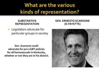 SUBSTANTIVE
REPRESENTATION
SEN. ERNESTO SCARSONE
(D-FAYETTE)
 Legislators advocate for
particular groups in society
Sen. Scarsone could
advocate for pro-LGBT policies
for all homosexuals in Kentucky,
whether or not they are in his district.
 