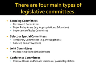  Standing Committees
 Permanent Committees
 Major Policy Areas (e.g.Appropriations, Education)
 Importance of Rules Committee
 Select or Special Committees
 Temporary Committees (e.g. investigations)
 Focused on narrow issues
 Joint Committees
 Membership from both chambers
 Conference Committees
 Resolve House and Senate versions of passed legislation
 