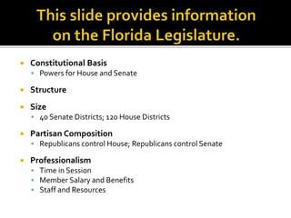 Constitutional Basis
 Powers for House and Senate
 Structure
 Size
 40 Senate Districts; 120 House Districts
 Partisan Composition
 Republicans control House; Republicans control Senate
 Professionalism
 Time in Session
 Member Salary and Benefits
 Staff and Resources
 
