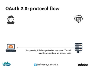 @alvaro_sanchez
OAuth 2.0: protocol flow
Sorry mate, this is a protected resource. You will
need to present me an access token
 