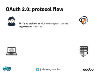 @alvaro_sanchez
OAuth 2.0: protocol flow
That’s no problem at all. I am bob@gmail.com and
my password is secret.
 