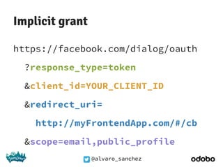 @alvaro_sanchez
Implicit grant
https://facebook.com/dialog/oauth
?response_type=token
&client_id=YOUR_CLIENT_ID
&redirect_uri=
http://myFrontendApp.com/#/cb
&scope=email,public_profile
 