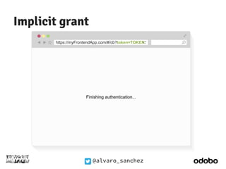 @alvaro_sanchez 
Implicit grant 
https://myFrontendApp.com/#/cb?token=TOKEN 
Finishing authentication... 
 
