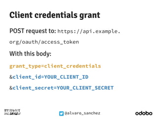 Client credentials grant 
POST request to: https://api.example. 
org/oauth/access_token 
With this body: 
grant_type=clien...