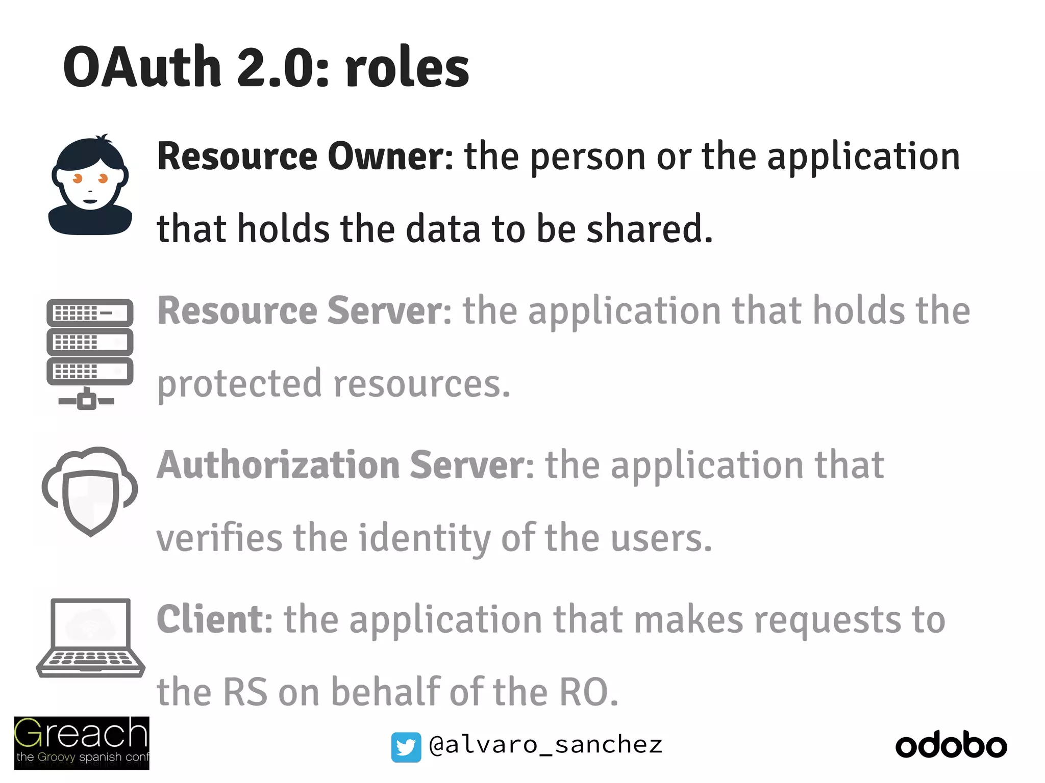 @alvaro_sanchez
OAuth 2.0: roles
Resource Owner: the person or the application
that holds the data to be shared.
Resource Server: the application that holds the
protected resources.
Authorization Server: the application that
verifies the identity of the users.
Client: the application that makes requests to
the RS on behalf of the RO.
 