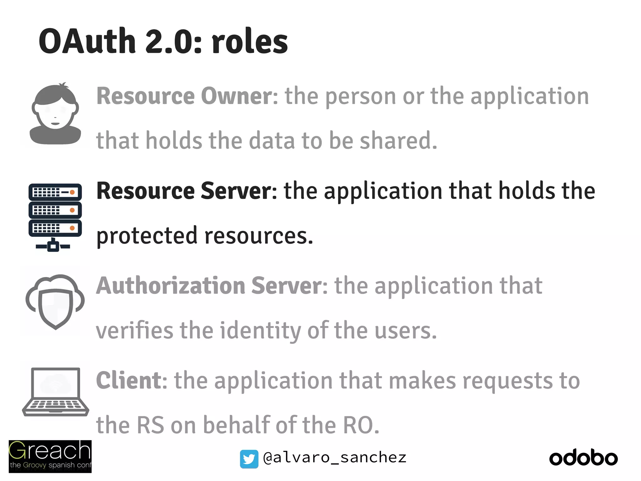 @alvaro_sanchez
OAuth 2.0: roles
Resource Owner: the person or the application
that holds the data to be shared.
Resource Server: the application that holds the
protected resources.
Authorization Server: the application that
verifies the identity of the users.
Client: the application that makes requests to
the RS on behalf of the RO.
 