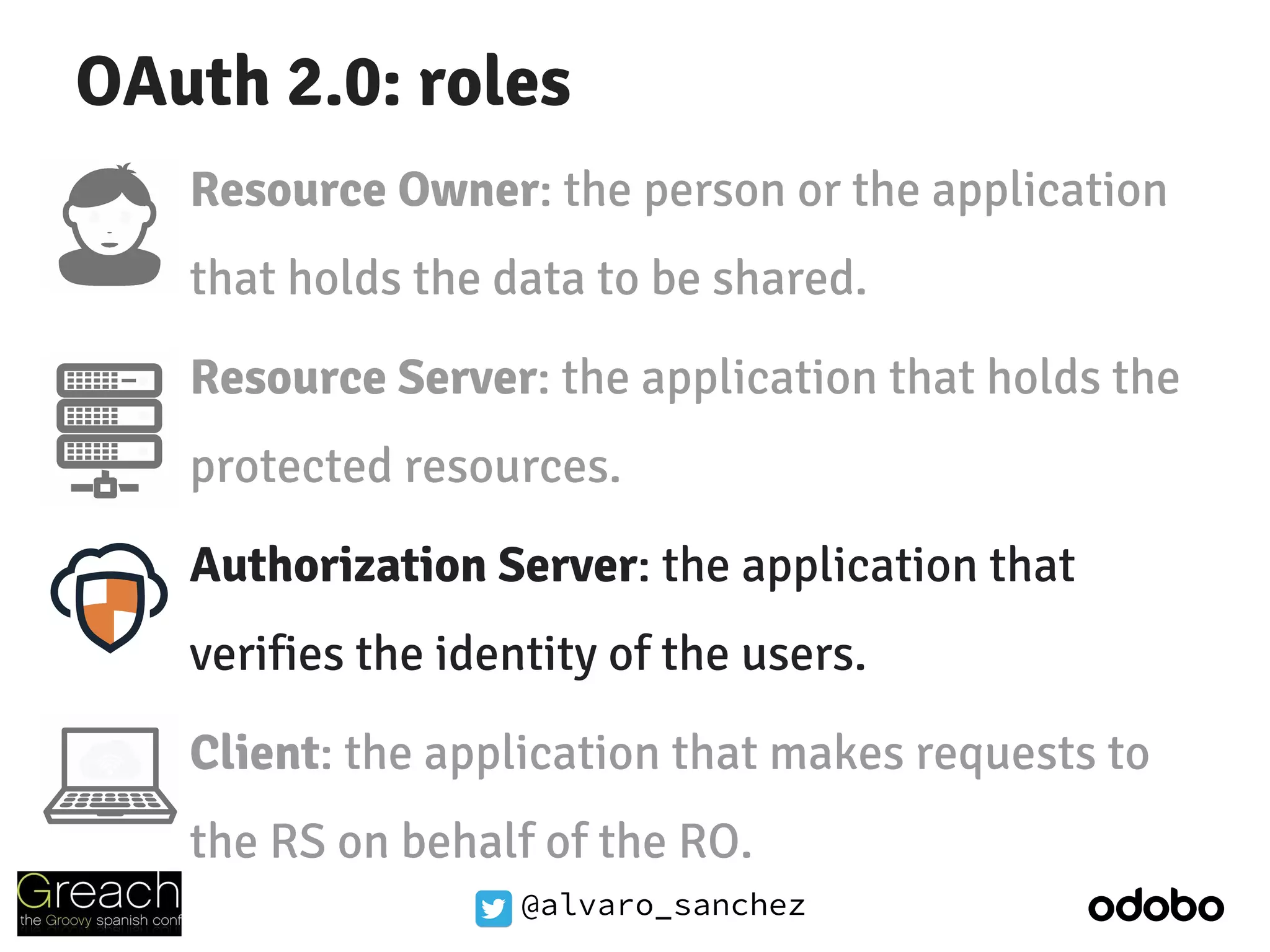 @alvaro_sanchez
OAuth 2.0: roles
Resource Owner: the person or the application
that holds the data to be shared.
Resource Server: the application that holds the
protected resources.
Authorization Server: the application that
verifies the identity of the users.
Client: the application that makes requests to
the RS on behalf of the RO.
 