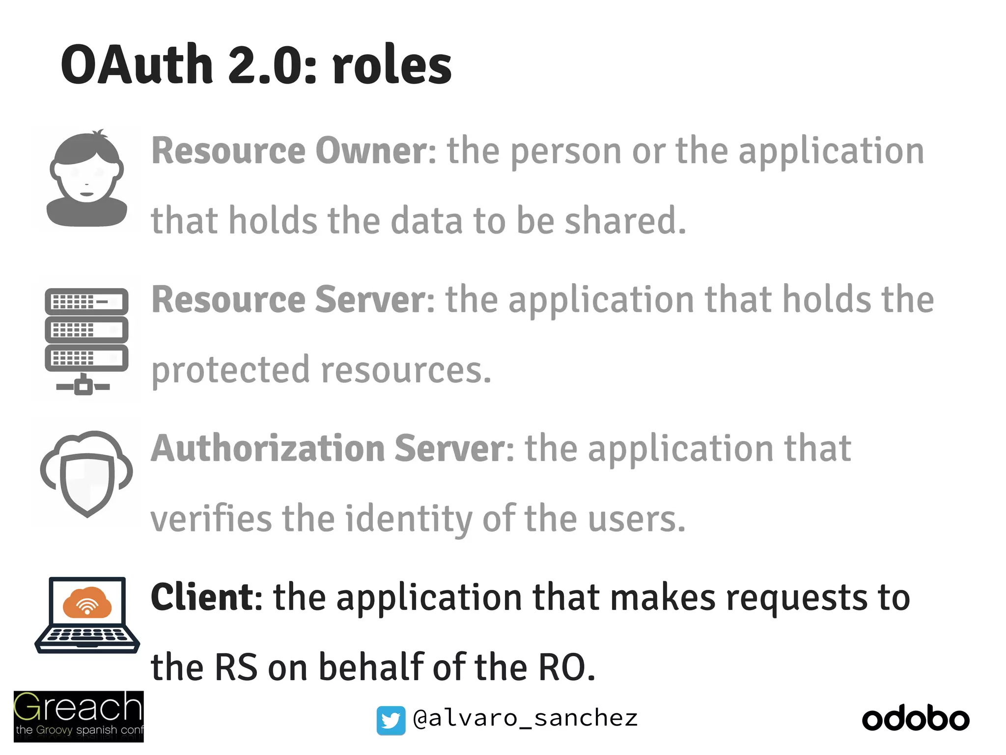 @alvaro_sanchez
OAuth 2.0: roles
Resource Owner: the person or the application
that holds the data to be shared.
Resource Server: the application that holds the
protected resources.
Authorization Server: the application that
verifies the identity of the users.
Client: the application that makes requests to
the RS on behalf of the RO.
 