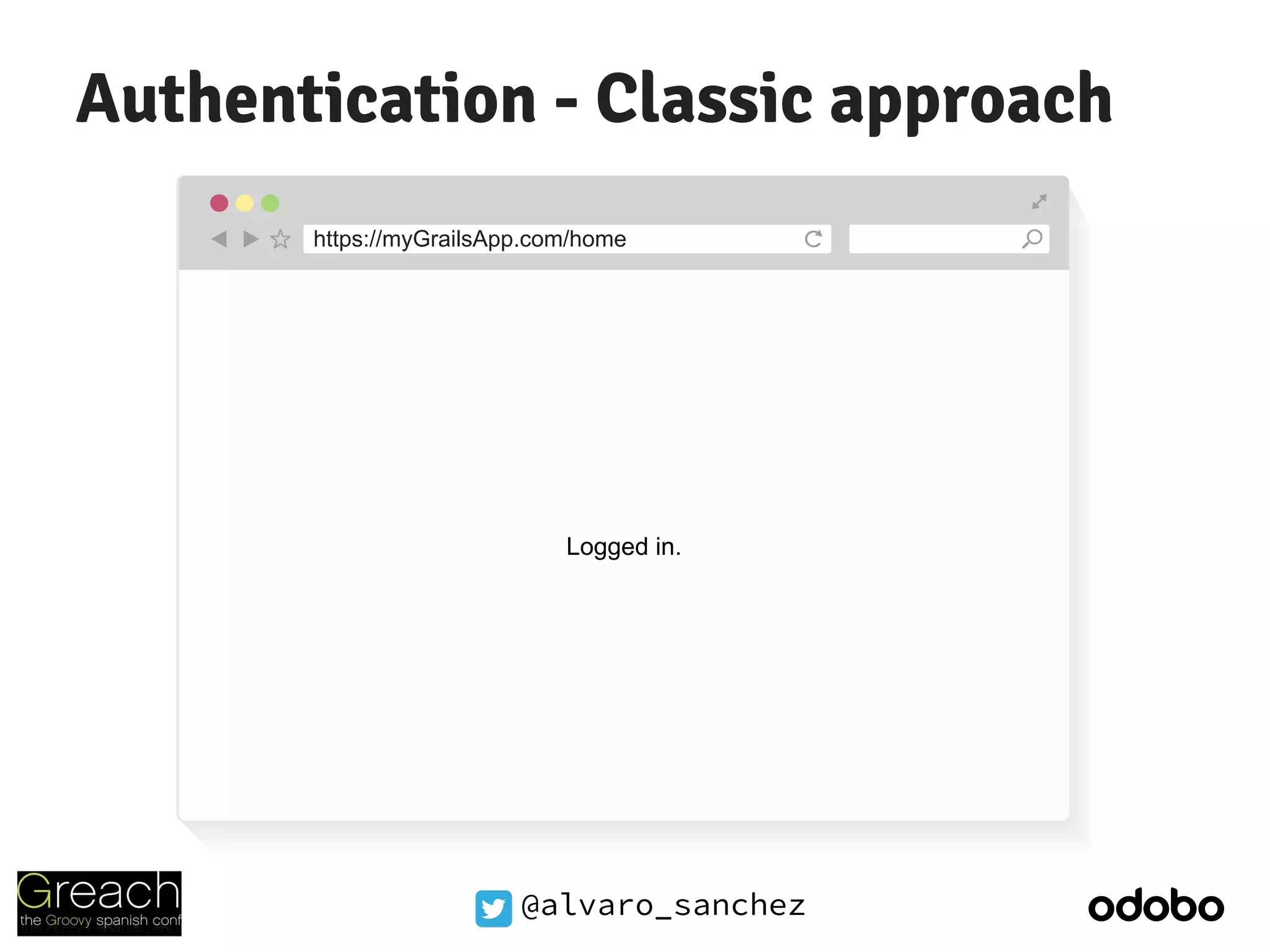 @alvaro_sanchez
Authentication - Classic approach
https://myGrailsApp.com/home
Logged in.
 
