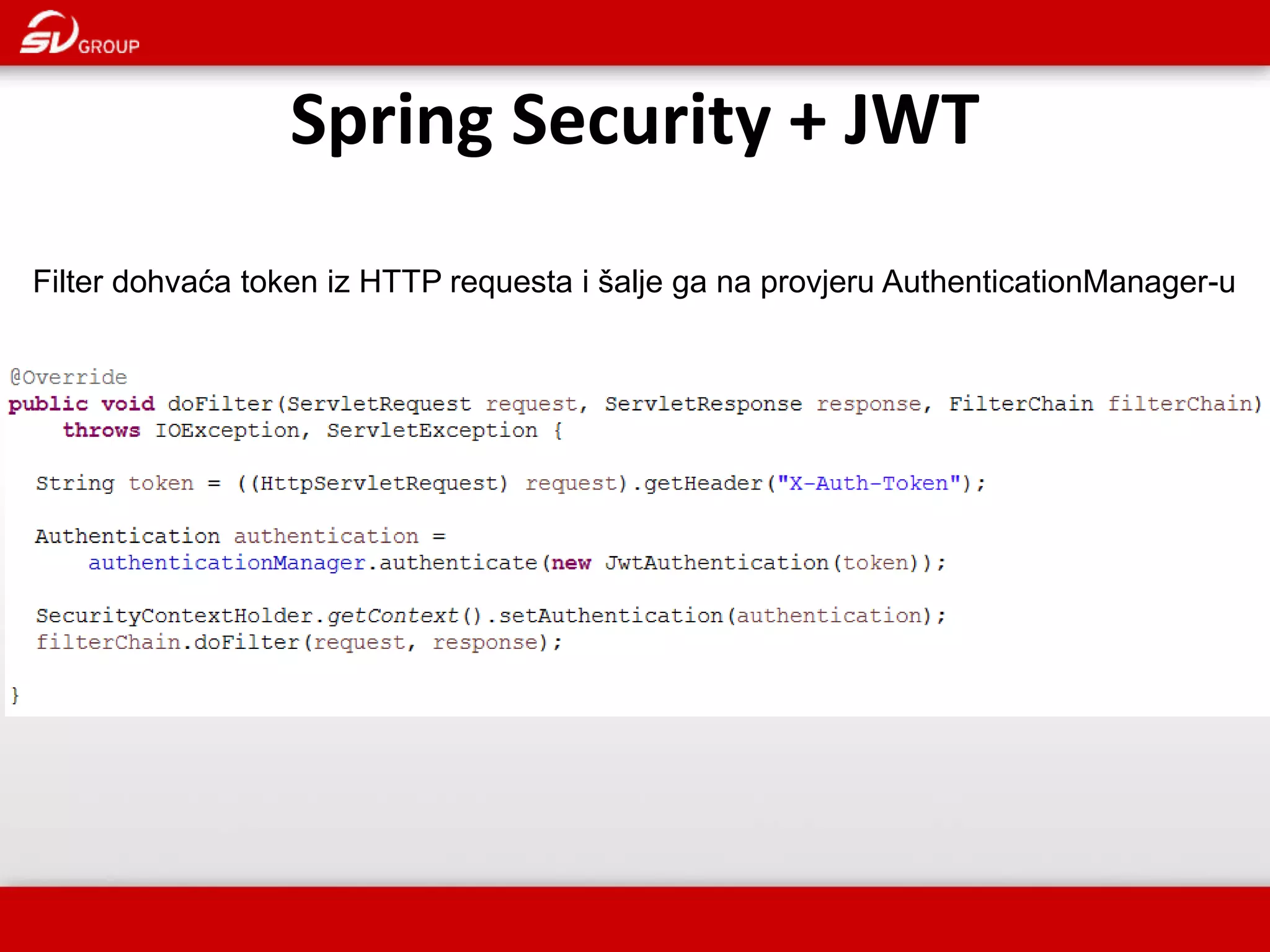 Spring Security + JWT Filter dohvaća token iz HTTP requesta i šalje ga na provjeru AuthenticationManager-u 