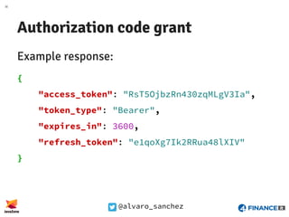 @alvaro_sanchez
Authorization code grant
Example response:
{
"access_token": "RsT5OjbzRn430zqMLgV3Ia",
"token_type": "Bear...