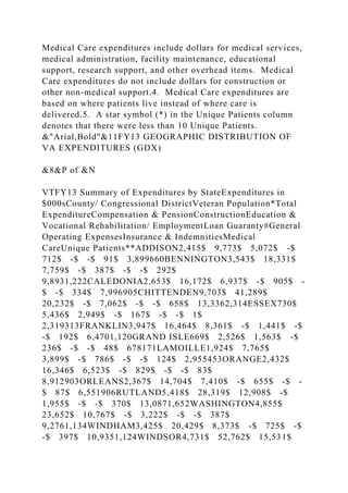 Medical Care expenditures include dollars for medical services,
medical administration, facility maintenance, educational
support, research support, and other overhead items. Medical
Care expenditures do not include dollars for construction or
other non-medical support.4. Medical Care expenditures are
based on where patients live instead of where care is
delivered.5. A star symbol (*) in the Unique Patients column
denotes that there were less than 10 Unique Patients.
&"Arial,Bold"&11FY13 GEOGRAPHIC DISTRIBUTION OF
VA EXPENDITURES (GDX)
&8&P of &N
VTFY13 Summary of Expenditures by StateExpenditures in
$000sCounty/ Congressional DistrictVeteran Population*Total
ExpenditureCompensation & PensionConstructionEducation &
Vocational Rehabilitation/ EmploymentLoan Guaranty#General
Operating ExpensesInsurance & IndemnitiesMedical
CareUnique Patients**ADDISON2,415$ 9,773$ 5,072$ -$
712$ -$ -$ 91$ 3,899660BENNINGTON3,543$ 18,331$
7,759$ -$ 387$ -$ -$ 292$
9,8931,222CALEDONIA2,653$ 16,172$ 6,937$ -$ 905$ -
$ -$ 334$ 7,996905CHITTENDEN9,703$ 41,289$
20,232$ -$ 7,062$ -$ -$ 658$ 13,3362,314ESSEX730$
5,436$ 2,949$ -$ 167$ -$ -$ 1$
2,319313FRANKLIN3,947$ 16,464$ 8,361$ -$ 1,441$ -$
-$ 192$ 6,4701,120GRAND ISLE669$ 2,526$ 1,563$ -$
236$ -$ -$ 48$ 678171LAMOILLE1,924$ 7,765$
3,899$ -$ 786$ -$ -$ 124$ 2,955453ORANGE2,432$
16,346$ 6,523$ -$ 829$ -$ -$ 83$
8,912903ORLEANS2,367$ 14,704$ 7,410$ -$ 655$ -$ -
$ 87$ 6,551906RUTLAND5,418$ 28,319$ 12,908$ -$
1,955$ -$ -$ 370$ 13,0871,652WASHINGTON4,855$
23,652$ 10,767$ -$ 3,222$ -$ -$ 387$
9,2761,134WINDHAM3,425$ 20,429$ 8,373$ -$ 725$ -$
-$ 397$ 10,9351,124WINDSOR4,731$ 52,762$ 15,531$
 