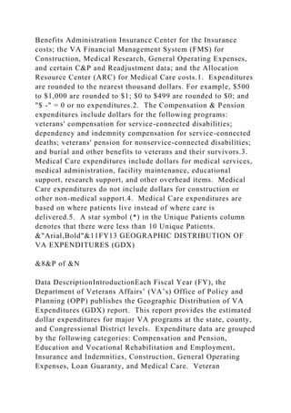 Benefits Administration Insurance Center for the Insurance
costs; the VA Financial Management System (FMS) for
Construction, Medical Research, General Operating Expenses,
and certain C&P and Readjustment data; and the Allocation
Resource Center (ARC) for Medical Care costs.1. Expenditures
are rounded to the nearest thousand dollars. For example, $500
to $1,000 are rounded to $1; $0 to $499 are rounded to $0; and
"$ -" = 0 or no expenditures.2. The Compensation & Pension
expenditures include dollars for the following programs:
veterans' compensation for service-connected disabilities;
dependency and indemnity compensation for service-connected
deaths; veterans' pension for nonservice-connected disabilities;
and burial and other benefits to veterans and their survivors.3.
Medical Care expenditures include dollars for medical services,
medical administration, facility maintenance, educational
support, research support, and other overhead items. Medical
Care expenditures do not include dollars for construction or
other non-medical support.4. Medical Care expenditures are
based on where patients live instead of where care is
delivered.5. A star symbol (*) in the Unique Patients column
denotes that there were less than 10 Unique Patients.
&"Arial,Bold"&11FY13 GEOGRAPHIC DISTRIBUTION OF
VA EXPENDITURES (GDX)
&8&P of &N
Data DescriptionIntroductionEach Fiscal Year (FY), the
Department of Veterans Affairs’ (VA’s) Office of Policy and
Planning (OPP) publishes the Geographic Distribution of VA
Expenditures (GDX) report. This report provides the estimated
dollar expenditures for major VA programs at the state, county,
and Congressional District levels. Expenditure data are grouped
by the following categories: Compensation and Pension,
Education and Vocational Rehabilitation and Employment,
Insurance and Indemnities, Construction, General Operating
Expenses, Loan Guaranty, and Medical Care. Veteran
 