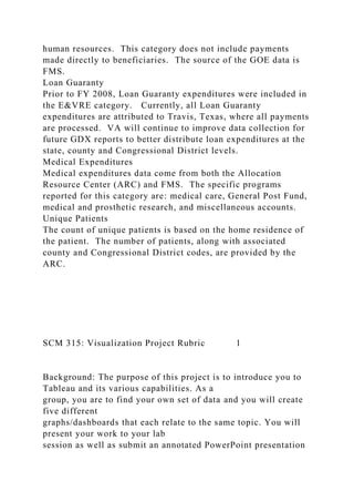 human resources. This category does not include payments
made directly to beneficiaries. The source of the GOE data is
FMS.
Loan Guaranty
Prior to FY 2008, Loan Guaranty expenditures were included in
the E&VRE category. Currently, all Loan Guaranty
expenditures are attributed to Travis, Texas, where all payments
are processed. VA will continue to improve data collection for
future GDX reports to better distribute loan expenditures at the
state, county and Congressional District levels.
Medical Expenditures
Medical expenditures data come from both the Allocation
Resource Center (ARC) and FMS. The specific programs
reported for this category are: medical care, General Post Fund,
medical and prosthetic research, and miscellaneous accounts.
Unique Patients
The count of unique patients is based on the home residence of
the patient. The number of patients, along with associated
county and Congressional District codes, are provided by the
ARC.
SCM 315: Visualization Project Rubric 1
Background: The purpose of this project is to introduce you to
Tableau and its various capabilities. As a
group, you are to find your own set of data and you will create
five different
graphs/dashboards that each relate to the same topic. You will
present your work to your lab
session as well as submit an annotated PowerPoint presentation
 