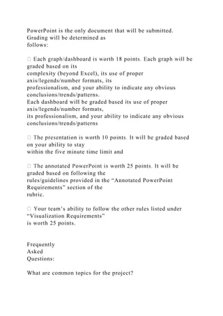 PowerPoint is the only document that will be submitted.
Grading will be determined as
follows:
graded based on its
complexity (beyond Excel), its use of proper
axis/legends/number formats, its
professionalism, and your ability to indicate any obvious
conclusions/trends/patterns.
Each dashboard will be graded based its use of proper
axis/legends/number formats,
its professionalism, and your ability to indicate any obvious
conclusions/trends/patterns
on your ability to stay
within the five minute time limit and
graded based on following the
rules/guidelines provided in the “Annotated PowerPoint
Requirements” section of the
rubric.
’s ability to follow the other rules listed under
“Visualization Requirements”
is worth 25 points.
Frequently
Asked
Questions:
What are common topics for the project?
 