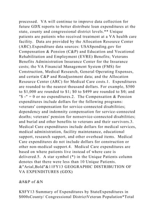 processed. VA will continue to improve data collection for
future GDX reports to better distribute loan expenditures at the
state, county and congressional district levels.** Unique
patients are patients who received treatment at a VA health care
facility. Data are provided by the Allocation Resource Center
(ARC).Expenditure data sources: USASpending.gov for
Compensation & Pension (C&P) and Education and Vocational
Rehabilitation and Employment (EVRE) Benefits; Veterans
Benefits Administration Insurance Center for the Insurance
costs; the VA Financial Management System (FMS) for
Construction, Medical Research, General Operating Expenses,
and certain C&P and Readjustment data; and the Allocation
Resource Center (ARC) for Medical Care costs.1. Expenditures
are rounded to the nearest thousand dollars. For example, $500
to $1,000 are rounded to $1; $0 to $499 are rounded to $0; and
"$ -" = 0 or no expenditures.2. The Compensation & Pension
expenditures include dollars for the following programs:
veterans' compensation for service-connected disabilities;
dependency and indemnity compensation for service-connected
deaths; veterans' pension for nonservice-connected disabilities;
and burial and other benefits to veterans and their survivors.3.
Medical Care expenditures include dollars for medical services,
medical administration, facility maintenance, educational
support, research support, and other overhead items. Medical
Care expenditures do not include dollars for construction or
other non-medical support.4. Medical Care expenditures are
based on where patients live instead of where care is
delivered.5. A star symbol (*) in the Unique Patients column
denotes that there were less than 10 Unique Patients.
&"Arial,Bold"&11FY13 GEOGRAPHIC DISTRIBUTION OF
VA EXPENDITURES (GDX)
&8&P of &N
KSFY13 Summary of Expenditures by StateExpenditures in
$000sCounty/ Congressional DistrictVeteran Population*Total
 