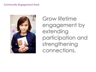 Community Engagement Goal
Grow lifetime
engagement by
extending
participation and
strengthening
connections.
 