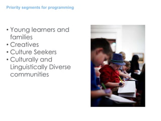 Priority segments for programming
• Young learners and
families
• Creatives
• Culture Seekers
• Culturally and
Linguistically Diverse
communities
 